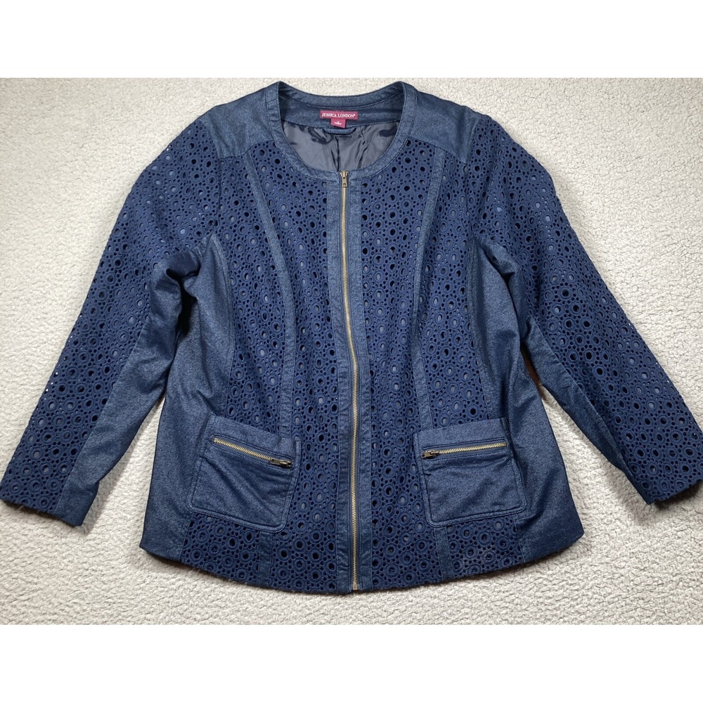 Jessica London Jacket Women's 18 Blue Eyelet/Denim Look Lined Full Zip Pockets